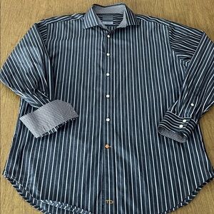 Jack Stone by Thomas Dean Men's Pinstripe Cotton Dress Shirt, Flip Cuff, Size L